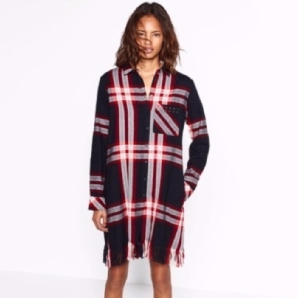 ‼️ON SALE‼️ ZARA Plaid Shirt Dress w/ Studded Pocket & Fringe